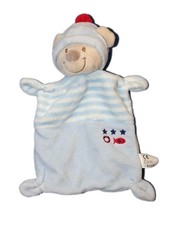 Doudou plat ours bleu blanc rayures poisson étoiles Vetir bonnet pompon rouge