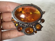BROCHE ARGENT AMBRE OVERSIZE XXL VINTAGE ANCIEN BIJOU
