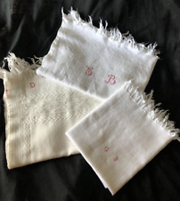 Job Lot 3 Antique French Waffle Weave Fringed Cotton Torchons Hand Towels Mono