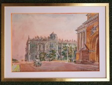 Tableau Aquarelle Encadrée Signée En Cyrillique de 1956 L'Ermitage Ecole Russe