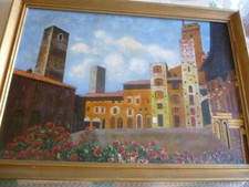 Tableau huile encadré - Ville du Nord - Bâtiments en briques rouge - 60.5x43.5