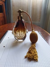 Ancien Vaporisateur De Parfum En Cristal Ambré Soufflé A La Main 