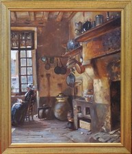 ÉCOLE BRETONNE / ANNÉE 1888 / CUISINE À SAINT MALO / huile sur toile 