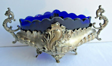 Jardinière de guéridon, métal blanc + coupe en verre bleu cobalt, style Louis XV