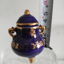 miniature mini chaudron  PORCELAINE LIMOGES signé   bleu de four cobalt- or