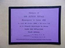 AVIS DE DECES DE SON ALTESSE IMPERIALE ET ROYALE MONSEIGNEUR LE COMTE D'EU 1922