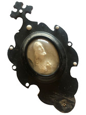 Cadre ancien Reliquaire Calcaire Jesus H 27 cm cabochons XIX coeur de marie ?