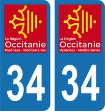 Département 34 - 2 autocollants style immatriculation AUTO PLAQUE OCCITANIE 2018