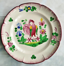 Assiette en faïence ancienne, Décor coq et fleurs polychrome, fin XIXe, Islettes