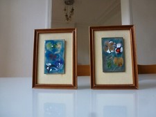 MIDCENTURY ENAMEL ART / PAIRE DE PETITS TABLEAUX EMAUX SUR CUIVRE CADRE BOIS