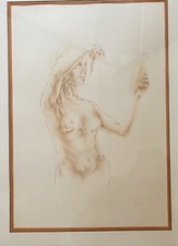 Dessin De Femme - Titré Au Dos : Nue  Au Miroir - Signé Piazza XX