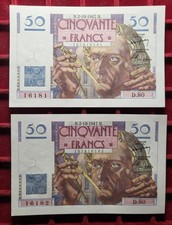 #83-5 ~ Banknote/ Billet - FRANCE 2X 50 Francs Le Verrier 1947 - Num consécutifs
