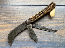 Ancien Couteau 32 DUMAS AINÉ BOIS DE CERF SERPETTE GREFFOIR VINTAGE KNIFE MESSER