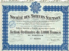 Action Société des Moteurs SALMSON, 5000 Francs de 1951 avec coupons