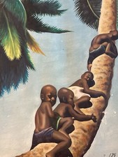 Belle Peinture Huile sur Toile École Africaine 1960 Enfant Afrique Palmier Art