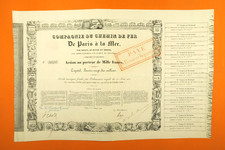 COMPAGNIE DU CHEMIN DE FER DE PARIS A LA MER ACTION DE 1000 FRANCS PARIS 1838