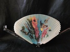 EVENTAIL Ancien Art Nouveau 1940 Décor Oiseau et fleurs sur papier et métal Occ.