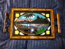 VINTAGE PLATEAU ACAJOU BAIE RIO CORCOVADO AILES DE PAPILLONS BRESIL ART DECO
