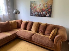 Canapé d’angle Chesterfield cuir et tissu - rembourrés en plume d’oies