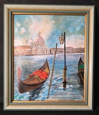 Tableau huile vue de Venise gondolessigné XXème