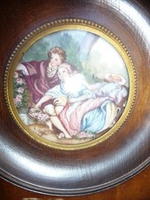 Tableau miniature peinte, scène romantique, signé