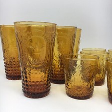 6 Verres A Orangeade Et 6 Verres De Table Verre Ambré Relief - 12 Verres + KDO