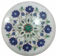 12 " Marbre Blanc Rond Table Top Lapis Demi Précieux Pierres Inlay Travail Décor
