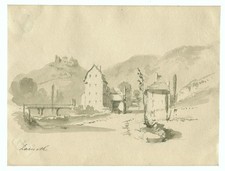 Lamothe - Paysage -  Dessin original ancien au lavis