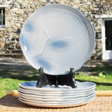 Ensemble de 8 assiettes plates à poisson vintage en faïence de Salins gris