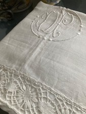 Antique French Linen Sheet Monogram “DP” c1920 Laced Vintage cottagecore Decor