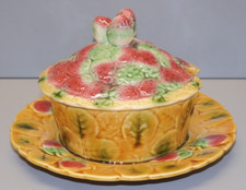 -JOLI ANCIEN CONFITURIER POT COUVERT FAÏENCE de SARREGUEMINES décor FRUITS     D