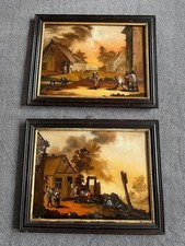 Paire de Tableau XVIII° -  Peinture fixé sous verre  Scène Flamande après Tenier