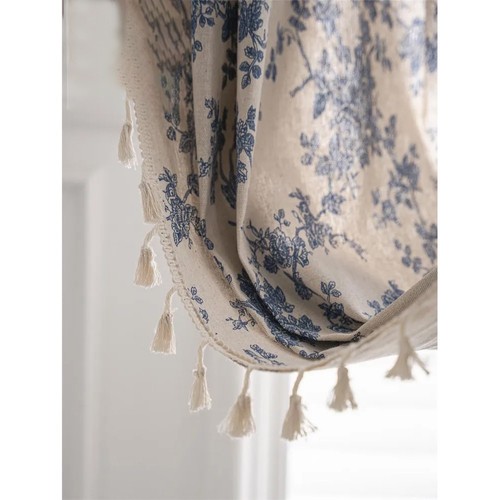 Rideaux lin bleu fleuri - rideaux,