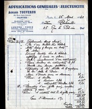 NANTES (44) ELECTRICITE / LUMIERE FORCE PARATONNERRE "Armand TOUVERON" en 1940