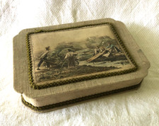 Antique French Empty Chocolate Gift Box Linen Covered Silk Braid Country 1900s