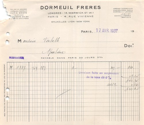 Facture 1937 dormeuil - facture, freres