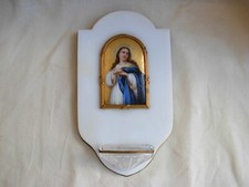 ANTIQUE FRENCH  HOLY WATER FONT,PORCELAIN ON WHITE MARBLE,LATE 19th CENTURY.