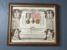 TABLEAU CERTIFICAT SOUVENIR EN MEMOIRE DE LA GRANDE GUERRE + 3 MEDAILLE 14/18
