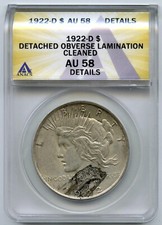 1922-D Paix Argent Dollar Anacs AU58 Détaché Obverse Lamination Détails - L383