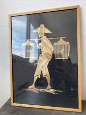 ancien cadre femme japonaise en marqueterie bois paille deco retro ethnique 