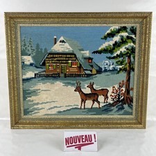 ➜Tableau/cadre Canevas tapisserie broderie cerf biche scène hivernale vintage