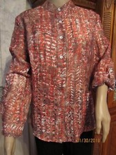 RUBY RD. BUTTON UP BLOUSE-WASHABLE RAYON/NYLON TOMATO RED/BROWN/BEIGE - SZ 14