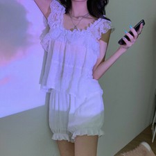 Femme Fille Lolita Top&bloomer Ensemble Dentelle Ruche Short Pyjama Nuit Doux