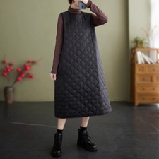 Femme Rembourré Robe Quilte Hiver Rétro Taille Haute Chaud Débardeurs Épais