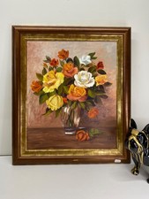 Tableau bouquet de fleurs peint sur toile cadre bois avec dorure signée