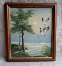 SCÈNE DE CHASSE - TABLEAU HUILE SUR PANNEAU - ENVOL DE CANARDS COLS-VERTS