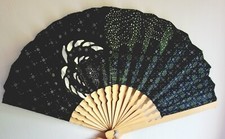 Éventail à main vert en bambou,pliable,bois et tissu, batik,africain