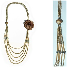 Collier pendentif sautoir Multirang marron doré bronze broche fleur tissu