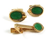 Vintage Goldtone & Green Cufflinks & Matching Tie Clasp 42117