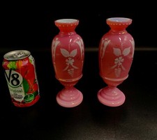 Pair Antique Bristol pink opaline glass vase hand painted flowers1800's ANTIQUE 